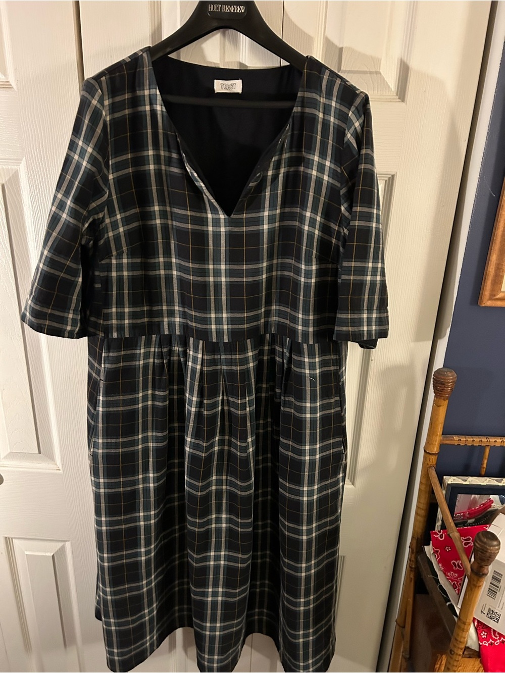 Toast UK Plaid V-Neck Midi Dress in Black and Green Plaid